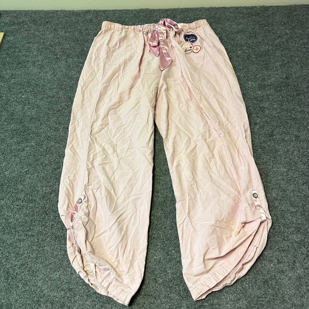 Aerie Pajama Pants Womens Size XL Pink Cotton Relaxed Satin Bow Patches Lounge